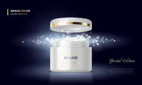 Cosmetic package advertising vector template cream jar black gold background Stock Illustration