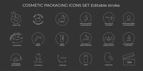 Cosmetic packaging icons set. Editable stroke. Vector stock illustration Stock Illustration