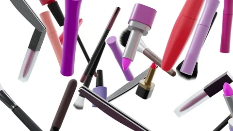 Cosmetic products. Make-up tools set. Makeup accessories fly on white background Stock Footage 159857445