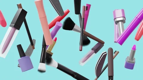 Cosmetic products. Make-up tools set. Makeup accessories fly on blue background. Stock Footage 162732345