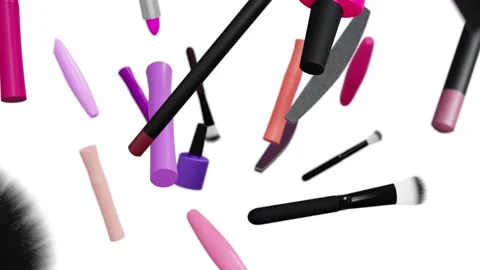 Cosmetic products. Make-up tools set. Makeup accessories fly on white background Stock Footage 164820837