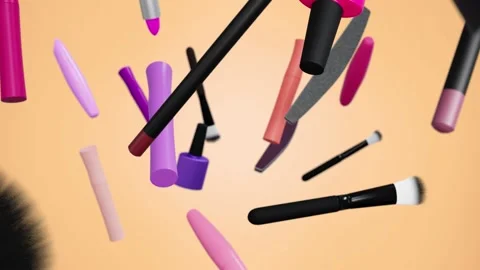 Cosmetic products. Make-up tools set. Makeup accessories fly on beige background Stock Footage 166135675