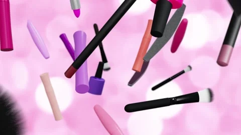 Cosmetic products. Make-up tools set. Makeup accessories fly on pink background Stock Footage 169249871