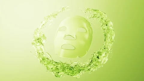 Cosmetic sheet mask surrounded by rotating green liquid splash animation fo.. Stock Footage 328332599