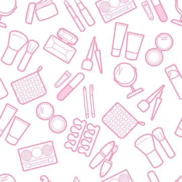 Cosmetic simless pattern. Mascara, lipstick, powder, eye shadow, perfume, cream 스톡 일러스트
