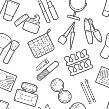 Cosmetic simless pattern. Mascara, lipstick, powder, eye shadow, perfume, cream Illustrazione stock