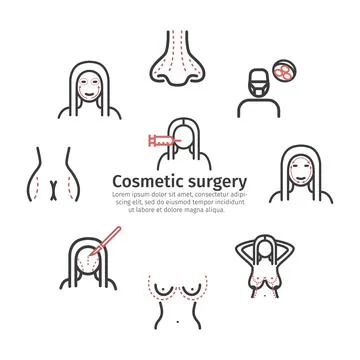 Cosmetic surgery banner. Elements of infographics. Breast augmentation signs Stock Illustration