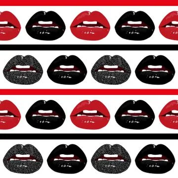 Cosmetics and makeup seamless pattern. Closeup beautiful lips of woman. Red and Stock Illustration