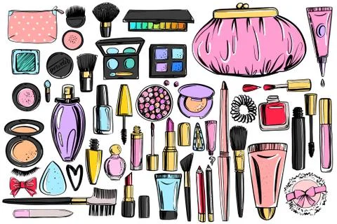 Cosmetics background with copy space for text. Hand drawn decorative cosmetic Stock Illustration