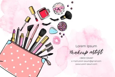Cosmetics background with copy space for text. Hand drawn decorative cosmetic Stock Illustration
