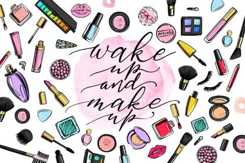 Cosmetics background with copy space for text. Hand drawn decorative cosmetic Stock Illustration