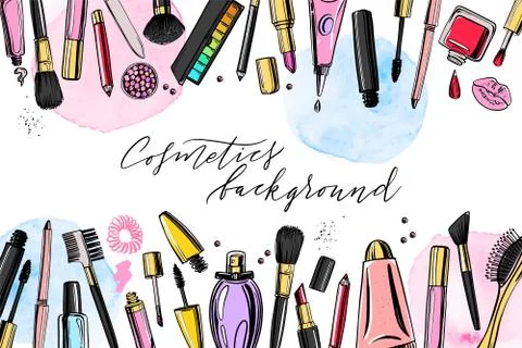 Cosmetics background with copy space for text. Hand drawn decorative cosmetic Stock Illustration