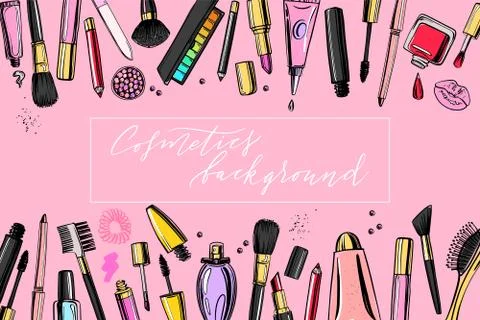 Cosmetics background with copy space for text. Hand drawn decorative cosmetic Stock Illustration