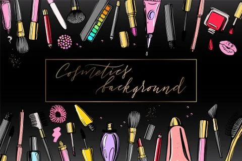Cosmetics background with copy space for text. Hand drawn decorative cosmetic Stock Illustration