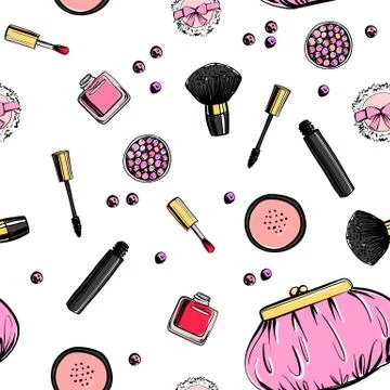 Cosmetics background with copy space for text. Hand drawn seamless pattern 스톡 일러스트