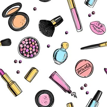 Cosmetics background with copy space for text. Hand drawn seamless pattern Stock Illustration