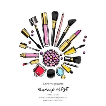 Cosmetics background with copy space for text. Hand drawn decorative cosmetic Stock Illustration