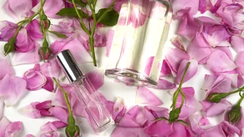 Cosmetics based on roses, bottles with perfumes  are on a white table, top view  Stock Footage 337404077