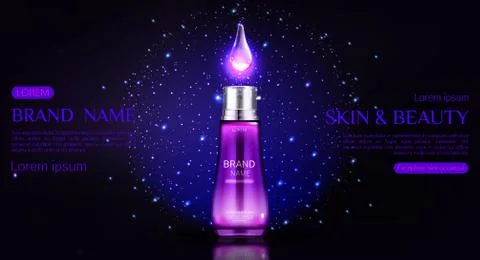 Cosmetics bottle banner with glowing falling drop Stock Illustration