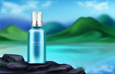 Cosmetics bottle on mountain landscape background Stock Illustration