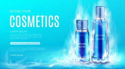 Cosmetics bottles in dry ice smoke cloud mockup Stock Illustration