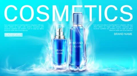 Cosmetics bottles in dry ice smoke cloud landing Ilustración de archivo