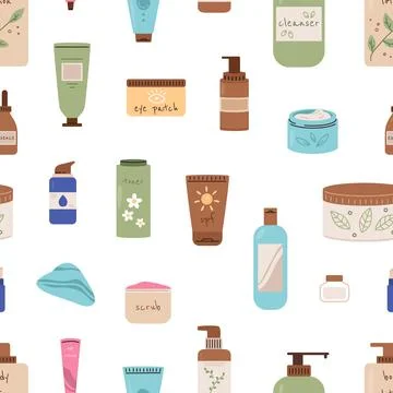 Cosmetics bottles seamless pattern. Lotions, cream, toner. Beauty and cleaning 스톡 일러스트