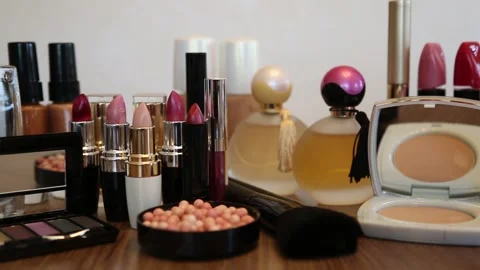 Cosmetics Collection with Makeup and Perfume Stock Footage 344912328