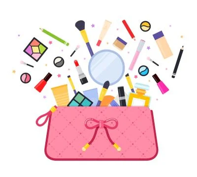 Cosmetics flying out of the bag vector icon flat isolated illustration Stock Illustration