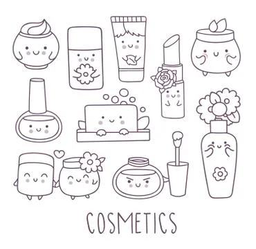 Cosmetics hand drawn doodle set. Stock Illustration