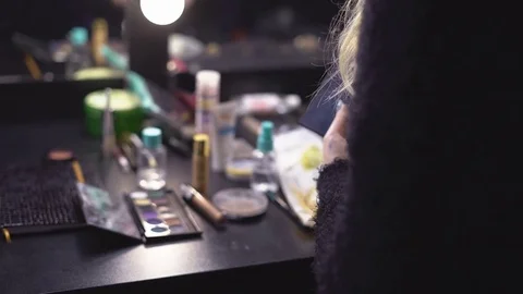 Cosmetics for make-up. Working tools stylist make-up artist. a set of brushes of Stock Footage 82409983