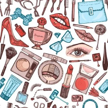 Cosmetics for Makeup seamless pattern for background. Doodle A collection of Stock Illustration