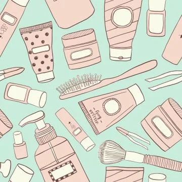 Cosmetics pattern seamless. Hand DrawVector Line wallpaper Stock-Illustration