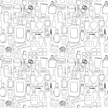 Cosmetics pattern seamless. Hand DrawVector Line wallpaper Stock-Illustration