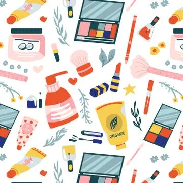 Cosmetics pattern. Seamless texture makeup and beauty products, cartoon lotion Stock Illustration