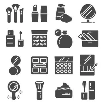 Cosmetics Related Vector Icons Set. Cream Bottle, Lipstick, Makeup Brush Illustrazione stock