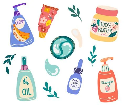 Cosmetics for self-care set. Shampoo, oil, face cream, hand cream, cleanser,  Stock Illustration