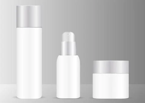 Cosmetics set with silver lids. Bottles, jar serum Stock Illustration