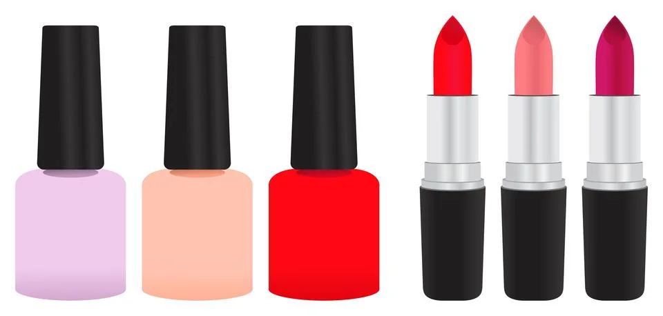 Cosmetics set vector drawing isolated background lipstick manicure nail polish Stock Illustration