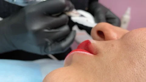 Cosmetologist applying permanent makeup on lips. Cosmetology procedure. Applying Video stock 119892459