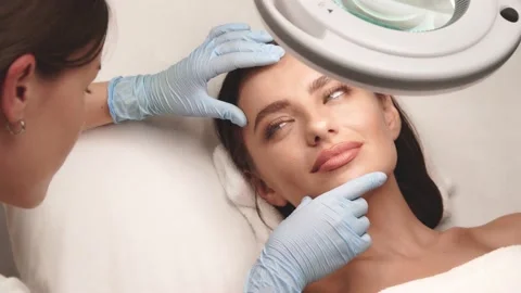 Cosmetologist checking female cheeks under lamp at beauty clinic Stock Footage 143162609