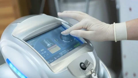 The cosmetologist chooses the LPG massage program Stock Footage 139619507