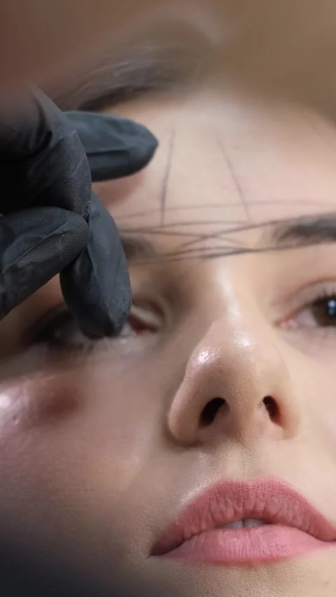A cosmetologist corrects the shape of the eyebrows. Vertical video Stock Footage 250439928
