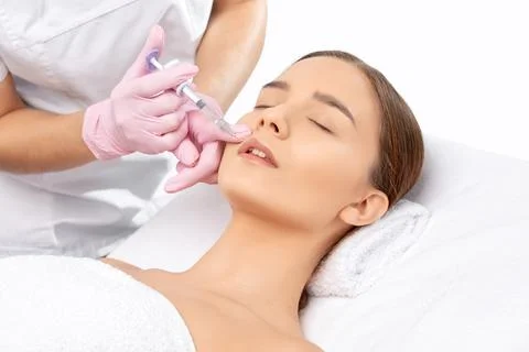 Cosmetologist does injections for lips augmentation and anti wrinkle in the n Stock Photos