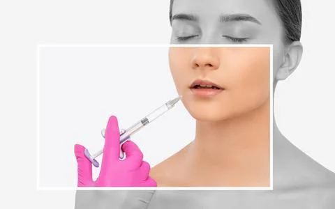 Cosmetologist does injections for lips augmentation and anti wrinkle in the.. Stock Photos