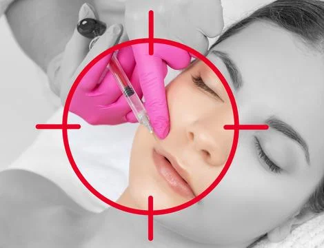 Cosmetologist does injections for lips augmentation and anti wrinkle in the.. Stock Photos