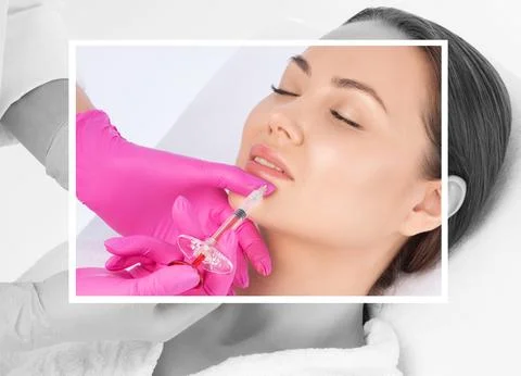Cosmetologist does injections for lips augmentation and anti wrinkle in the.. Stock Photos