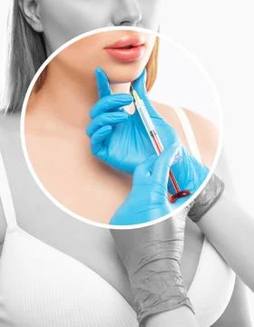 Cosmetologist does injections for lips augmentation and anti wrinkle in the.. Stock Photos