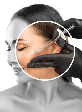 Cosmetologist does injections for lips augmentation and anti wrinkle in the.. Stock Photos