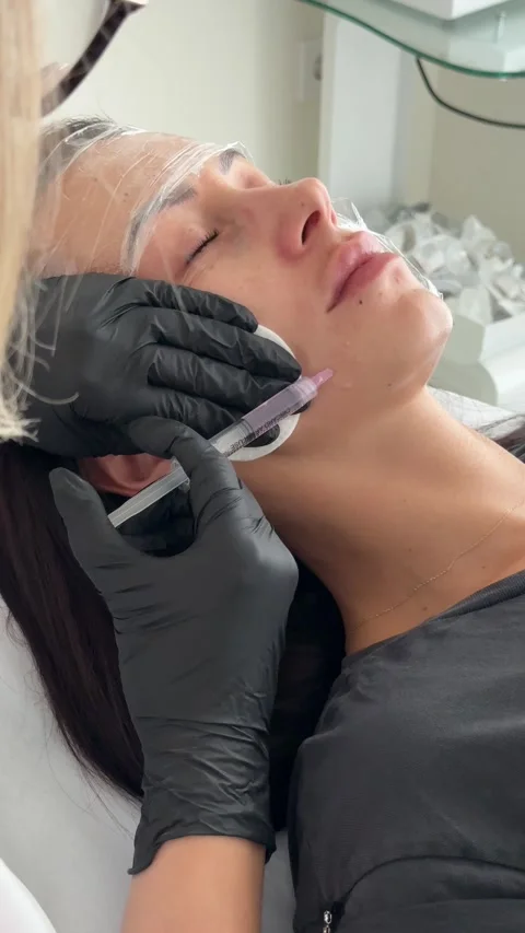 Cosmetologist performs biorevitalization injections under a womans eye during Stock Footage 327338100